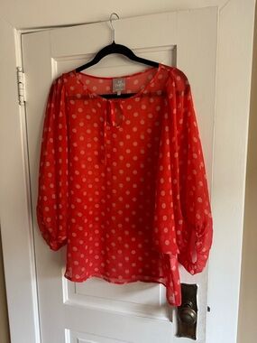 Karen Walker Coral Red Polka Dot Sheer Blouse